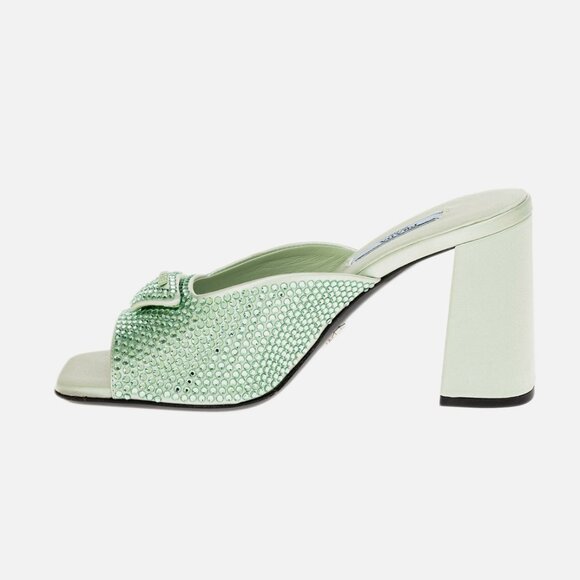 Prada 1XX642 Satin Crystal Embellished Acqua Slide Heel Sandals, 36.5 - Picture 4 of 14